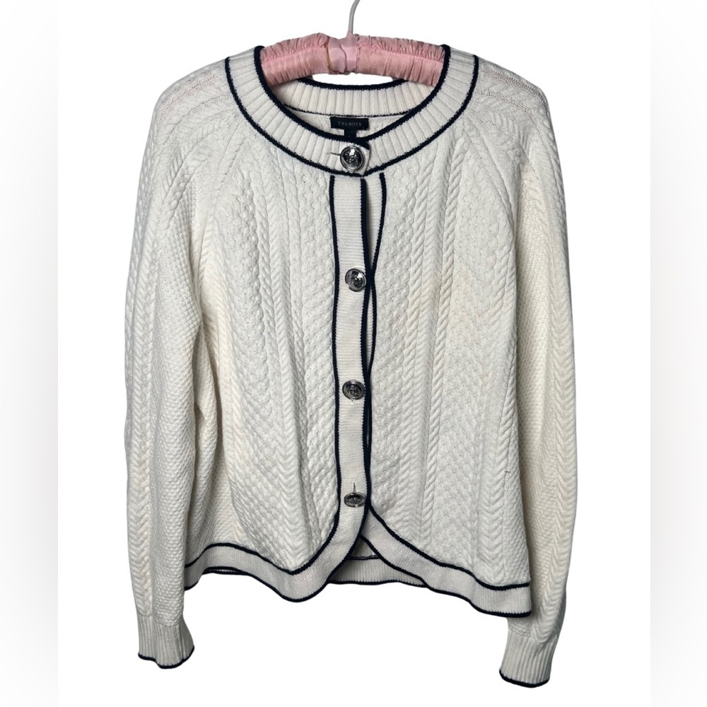 Talbots Cable Knit Cutaway Cardigan Tipped Ivory & Navy Women’s Size XL